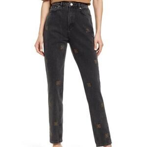Amendi NWT Rosie Embroidered Straight Leg Jeans Black Gold Print Size 27 Cotton